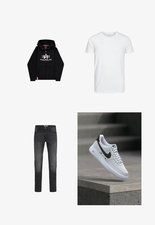 Schwarze Zip-Hoodie aus Baumwollmischung, mit einem großen weißen Logo und Text auf der Brust, zwei Fronttaschen und einem roten Markenetikett.; Rundhals-T-Shirt mit kurzen Ärmeln in reinem Weiß, aus weicher Baumwolle, mit einem schlichten Design ohne sichtbare Muster oder Akzente.; Dunkelblaue Jeans mit Slim-Fit-Schnitt, Knopfverschluss, fünf Taschen und einem leichten Ausbleichungseffekt an den Oberschenkeln.; Weißer Nike Air Force 1 Sneaker mit schwarzem Swoosh-Logo, der über einer Betonvorsprung mit unscharfen Treppen im Hintergrund schwebt.