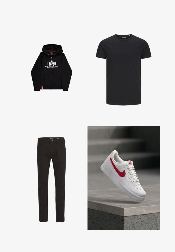 Sweat à zip noir en mélange de coton, avec un grand logo blanc et du texte sur la poitrine, deux poches avant et une étiquette de marque rouge.; T-shirt en coton noir avec un col rond, des manches courtes et un design simple. Texture lisse, sans motifs ni éléments visibles.; Pantalons en mélange de coton noir, coupe slim, avec une fermeture à bouton, cinq poches, et une texture lisse. Présente des détails de couture classiques.; Baskets blanches Nike Air Force 1 avec logo swoosh rouge flottant au-dessus d'un rebord en béton et des escaliers en arrière-plan.
