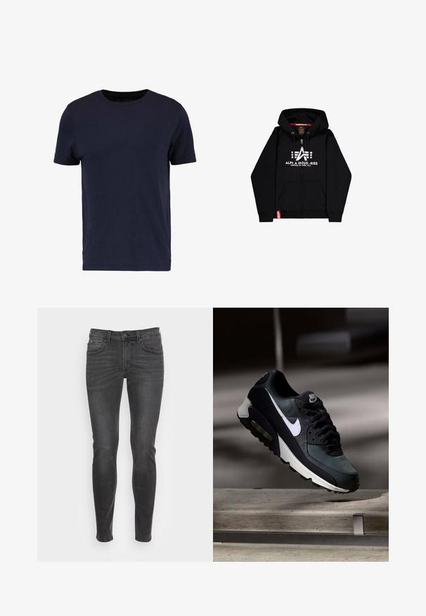 Sweat à zip noir en mélange de coton, avec un grand logo blanc et du texte sur la poitrine, deux poches avant et une étiquette de marque rouge.; Pier One by Zalando T-shirt basique - dark blue; Jeans noirs slim avec une texture lisse, présentant un design classique à cinq poches et un léger dégradé sur le devant.; Baskets Nike Air Max noires et grises avec un logo blanc, suspendues au-dessus d'une surface en béton sur un fond sombre flou.