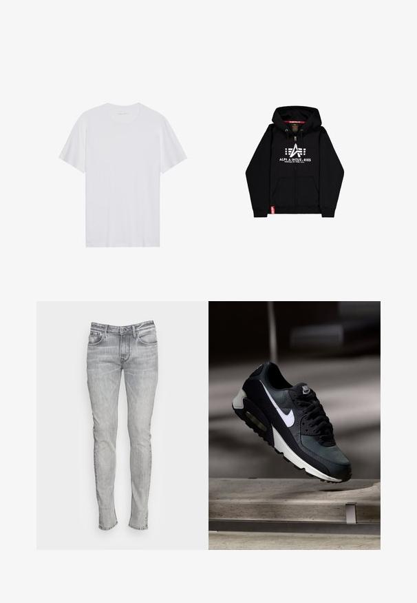 Sweatshirt de capuz preto com fecho, feito de uma mistura de algodão, apresentando um grande logo branco e texto no peito, dois bolsos frontais e uma etiqueta de marca vermelha.; Camiseta branca de algodão com mangas curtas, um decote redondo e uma textura suave. Apresenta uma marcação mínima na gola.; Jeans de ganga cinzas ajustados com cinco bolsos, fecho de botão e costura contrastante. O tecido tem uma aparência ligeiramente desbotada e texturizada.; Ténis Nike Air Max pretos e cinzentos com o símbolo branco, suspensos acima de uma superfície de betão contra um fundo escuro e desfocado.