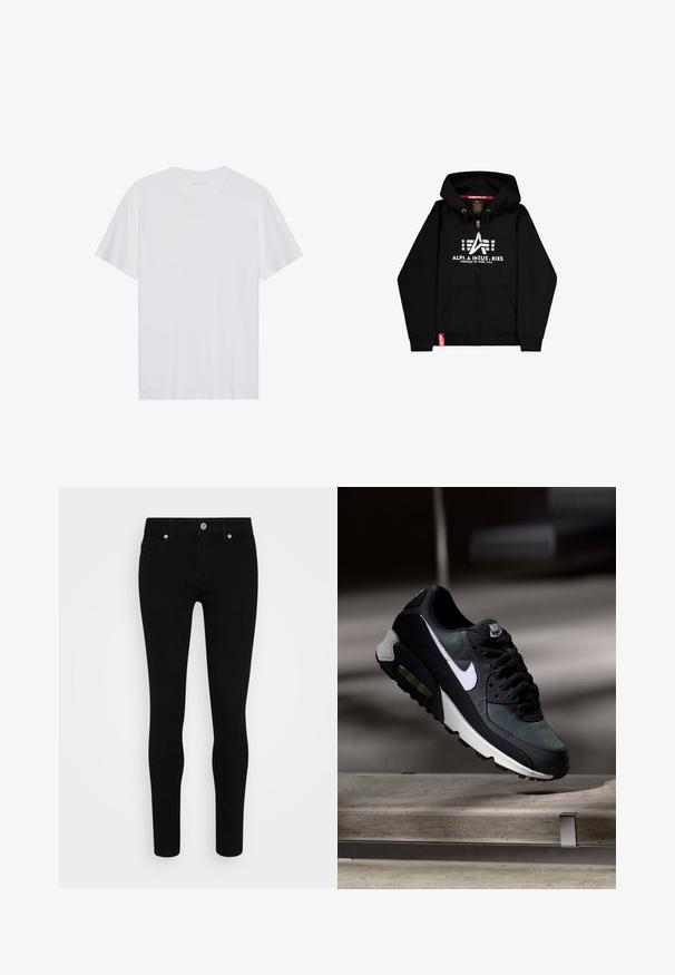 Sweat à zip noir en mélange de coton, avec un grand logo blanc et du texte sur la poitrine, deux poches avant et une étiquette de marque rouge.; T-shirt en coton blanc à manches courtes, col rond et texture lisse. Présente un branding minimal au niveau du col.; Jean skinny noir avec une texture lisse, conception à cinq poches, fermeture à bouton sur le devant et silhouette épurée. Style minimaliste sans motifs visibles.; Baskets Nike Air Max noires et grises avec un logo blanc, suspendues au-dessus d'une surface en béton sur un fond sombre flou.
