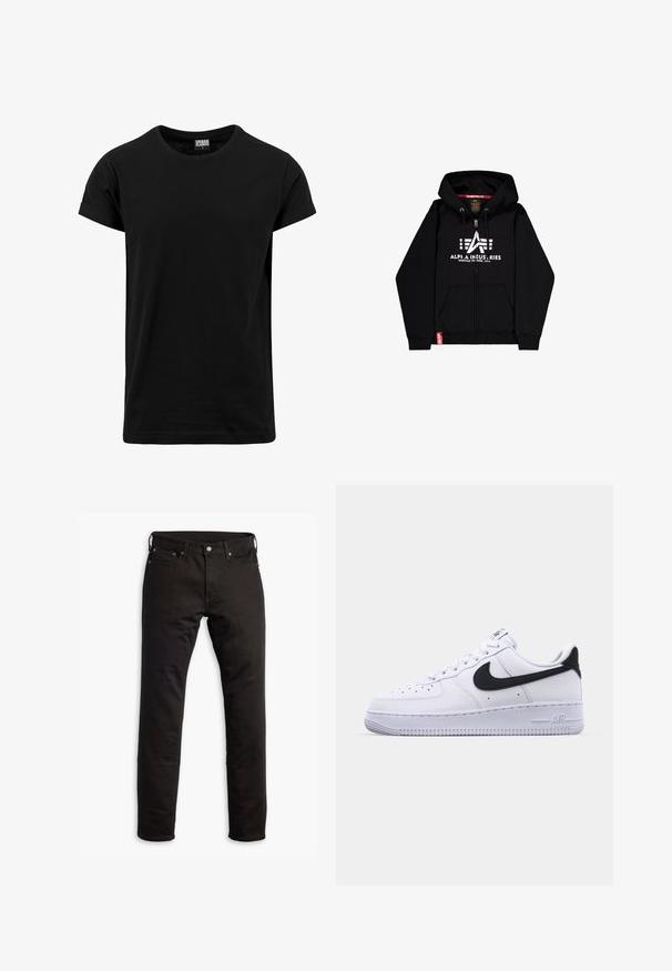 Schwarze Zip-Hoodie aus Baumwollmischung, mit einem großen weißen Logo und Text auf der Brust, zwei Fronttaschen und einem roten Markenetikett.; Schwarzes T-Shirt aus Baumwolle, mit klassischem Rundhalsausschnitt, kurzen, umgeschlagenen Ärmeln und geradem Saum. Einfaches, einfarbiges Design ohne Muster.; Schwarze Denim-Jeans mit geradem Bein, Fronttaschen und Knopfverschluss. Der Stoff hat eine glatte Textur und minimale Details.; Weißes Leder-Sneaker mit einem strukturierten schwarzen Swoosh, flachen Schnürsenkeln und einer Gummisohle mit genoppetem Muster. "AIR" ist auf der Ferse eingeprägt.
