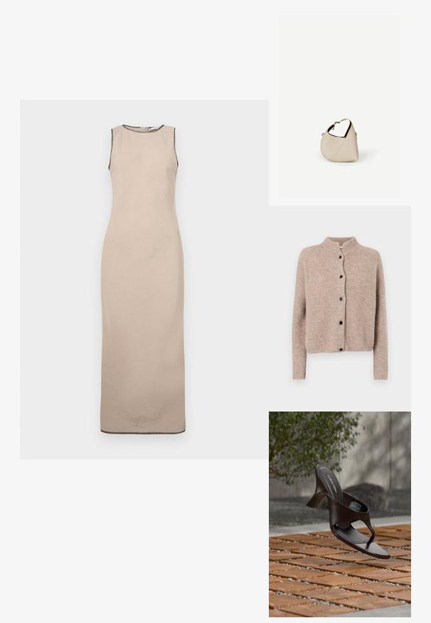 Gilet en maille beige avec un col élevé, texture côtelée et cinq boutons noirs sur le devant. Manches courtes légèrement amples.; Robe maxi sans manches beige avec une texture lisse, présentant un décolleté rond et une discrète bordure noire le long des bords.; Sandale à talon marron Calvin Klein suspendue au-dessus d'un sol extérieur en dalles de bois et gravier avec un arrière-plan flou de verdure et de pierres.; Sac à main en cuir beige en forme de croissant avec une seule bandoulière et des coutures minimalistes, posé sur un fond blanc uni.