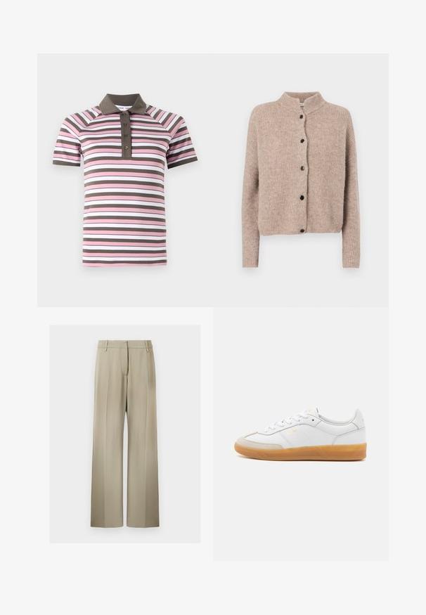 Beige gebreide cardigan met een hoge kraag, geribbelde textuur en vijf zwarte knopen aan de voorkant. Korte, iets losse mouwen.; Korte mouw polo shirt met roze, witte en bruine horizontale strepen, een bruine kraag en een knoopsluiting.; Wijde broek met een zachte beige stof, voorzien van een flatte voorkant, riemlussen en een gladde textuur. Standaard tailleband zonder zichtbare patronen.; Witte leren sneaker met beige suède accenten, gumrubberen zool en vetersluiting. Heeft subtiele branding in goud.