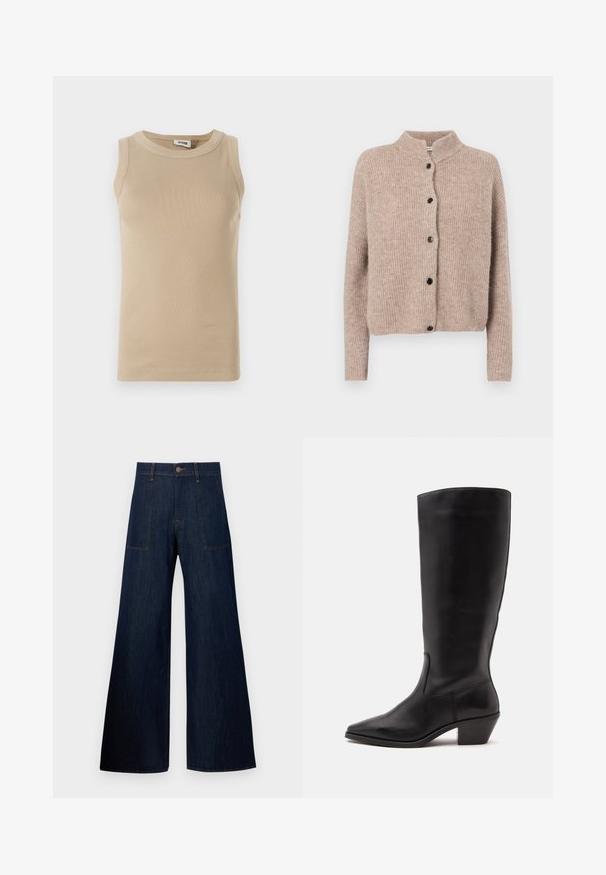 Beige strikket cardigan med høj krave, ribbet tekstur og fem sorte knapper foran. Korte, lidt løse ærmer.; Beige ærmeløs top lavet af ribbet stof med rund hals, der har tonale stikninger og en tætsiddende design.; Mørkeblå vidde jeans lavet af denim, med to forlommer, synlige sømme og en knaplukning i taljen.; Sort læderstøvle til midtkalv med spids tå og lavt skråt hæl på en enkel lys baggrund.