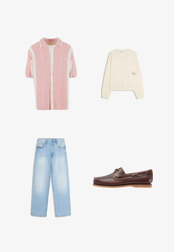Kremfarvet strikket cardigan med lange ærmer, V-hals, knaplukning og lille broderet "LA" detalje på den nederste front.; Kortærmet strik cardigan med et pink og hvidt stribet mønster, der har en krave og knaplukning foran. Blødt, tekstureret stof.; Lyseblå vidde cowboybukser med forlommer, bæltestropper og falmede områder på lår og knæ.; Brun læder bådsko med hvide sømme, snøre detaljer og lysbrun gummisål, vist fra siden på hvid baggrund.