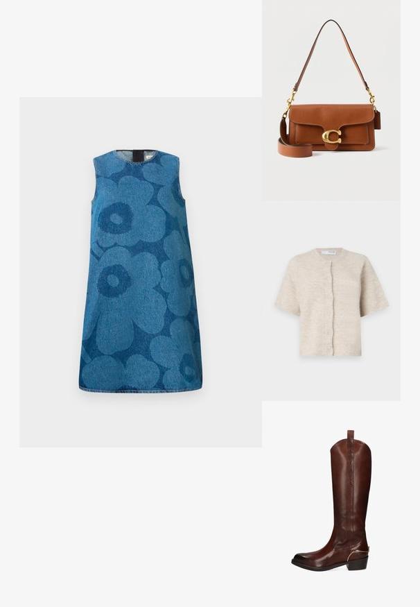 Beige kortærmet cardigan lavet af blødt, tekstureret materiale med en rund halsudskæring og seks matchende knapper fortil.; Udenærmet denimkjole med et blomstermønster i forskellige nuancer af blå. Har en rund halsudskæring og en lige pasform.; Brun læderstøvle til knæet med rundet tå, dekorative syninger og en lille guldfarvet detalje på hælen.; Brun skuldertaske i læder med guldfarvet "C" lukning, aftagelig rem og glat finish på en ensfarvet hvid baggrund.