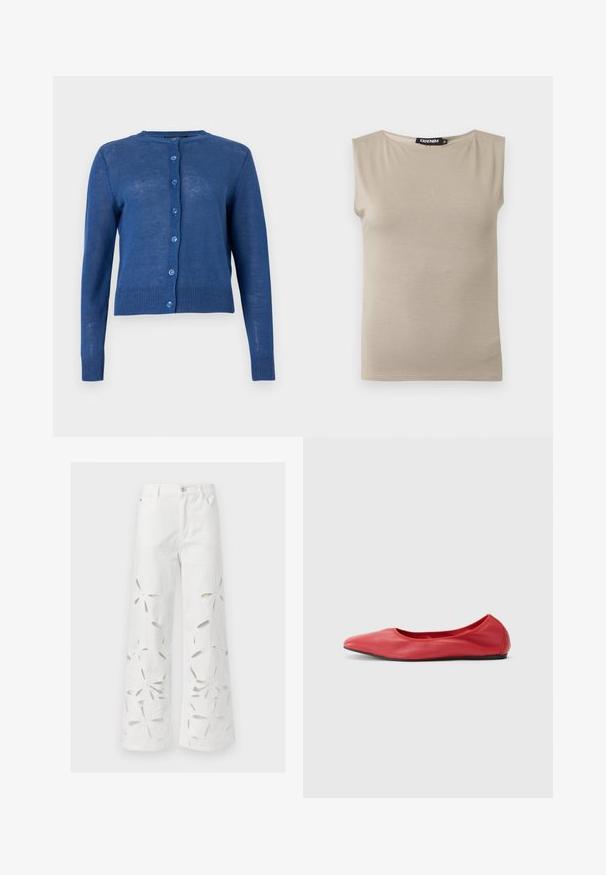 Cardigan bleu à manches longues avec boutons, col rond et poignets et ourlet côtelés, présenté sur un fond clair uni.; Haut beige en coton sans manches avec larges bretelles et col rond, taille moyenne, posé à plat sur fond blanc.; Jean blanc à jambes larges avec des motifs floraux découpés sur toute la longueur des jambes et une fermeture avant par bouton et zip.; Filippa K REY FLATS - Ballerines - bright red