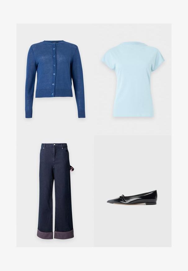Blauer langärmeliger Cardigan mit Knopfleiste, rundem Ausschnitt sowie gerippten Bündchen und Saum, auf einem einfarbigen hellen Hintergrund präsentiert.; Hellblaues T-Shirt mit kurzen Ärmeln und Rundhalsausschnitt, flach liegend dargestellt, ohne sichtbare Logos oder Muster auf weißem Hintergrund.; Weite Denim-Hosen aus dunkelblauem Baumwollstoff mit gesäumtem Saum, versehen mit einem pinken Akzent-Tag an der Seite und klassischem Fünf-Taschen-Design.; Schwarze Lackleder-Ballerina mit spitzem Zehenbereich, kleinem dekorativen Riemen und niedrigem Blockabsatz. Glatte Textur und elegantes Design.