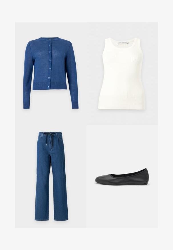 Blauer langärmeliger Cardigan mit Knopfleiste, rundem Ausschnitt sowie gerippten Bündchen und Saum, auf einem einfarbigen hellen Hintergrund präsentiert.; Weißes, ärmelloses Tank-Top mit Rippenstruktur, rundem Ausschnitt, figurbetontem Schnitt und Markenetikett an der Innenseite des Nackenbereichs.; Weite, dunkelblaue Denim-Hosen mit einem Gummizugbund und vorderen Taschen. Der Stoff hat eine glatte Textur mit subtilen Nähten.; Schwarze Leder-Ballettschuhe mit abgerundeter Spitze, glatter Textur, minimalen Nähdetails und einem flexiblen Sohlen-Design.