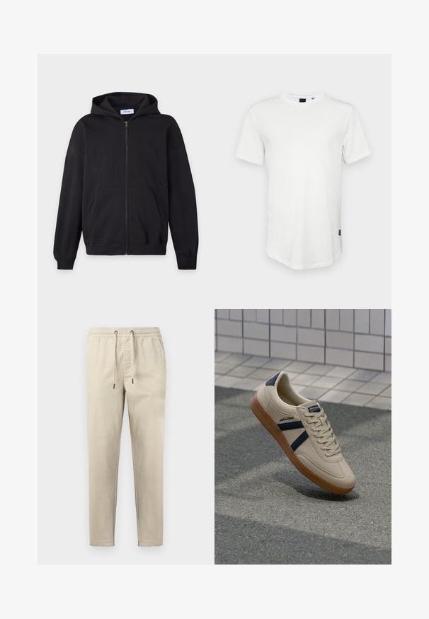 Sweat à capuche noir zippé avec poches avant, poignets et ourlet côtelés, et capuche, présenté sur un fond clair uni.; T-shirt blanc à manches courtes en coton, avec un col rond et un dos légèrement allongé, arborant un petit logo sur le côté.; Pantalon beige en velours côtelé avec taille élastique et cordon, coupe droite, poches avant, conçu pour un usage décontracté.; Baskets beiges avec une finition texturée, bandes navy et semelle en caoutchouc. Équipées d'une languette rembourrée et d'un système de laçage traditionnel pour un maintien sécurisé.