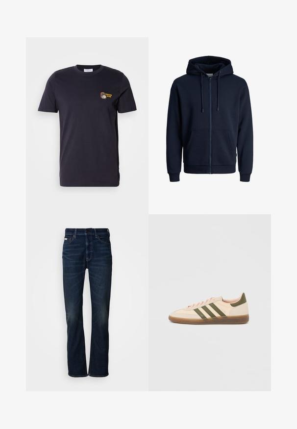 Marineblå zip-up hættetrøje lavet af blødt bomuldsblandinger. Har en hætte med snøre, to forlommer, ribbede manchetter og en glat tekstur.; Mørkeblå bomuld t-shirt med korte ærmer og rund hals. Indeholder et lille broderet design med tekst på venstre brystområde.; Mørkeblå denim jeans med lige ben-design, der har subtil falming, en knaplukning og traditionel fem-lomme styling.; Beige Adidas Spezial sneaker med lav profil, grønne striber, gummisål og "SPEZIAL"-branding på siden, vist fra ydersiden.