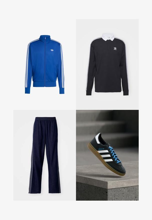 Blauwe mesh trainingsjack met witte driedubbele strepen op de mouwen, hoge kraag, volledige ritssluiting en klein wit logo op de borst.; Zwarte longsleeve polo met witte kraag en drie witte strepen langs de mouwen; voorzien van een geborduurd Adidas-logo op de borst.; Marineblauwe sportbroek met een elastische tailleband, voorzien van drie witte zijstrepen en een recht-aansluitend ontwerp. Zachte denim structuur.; Zwarte Adidas-sneaker met witte strepen, blauwe veters en een gumzool die boven een grijze betonnen trede zweeft in zacht licht.