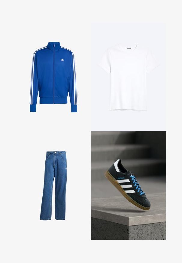 Blaues Mesh-Trainingsjacke mit weißen Drei-Streifen-Akzenten an den Ärmeln, hohem Kragen, durchgehendem Reißverschluss und kleinem weißen Logo auf der Brust.; Schlichtes weißes T-Shirt mit kurzen Ärmeln und Rundhalsausschnitt mit gut sichtbarem WEEKDAY-Label am Kragen, dargestellt auf hellem Hintergrund.; Blaue hohe, weite Jeans mit Fronttaschen, Gürtelschlaufen, Knopfverschluss und kleinem Adidas-Logo am rechten Oberschenkel.; Schwarzer Adidas-Sneaker mit weißen Streifen, blauen Schnürsenkeln und Gummisohle, der über einer grauen Betontreppe im weichen Licht schwebt.