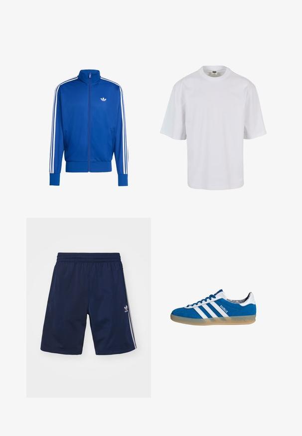 Blauwe mesh trainingsjack met witte driedubbele strepen op de mouwen, hoge kraag, volledige ritssluiting en klein wit logo op de borst.; Witte, korte mouw t-shirt van katoen. Beschikt over een ronde hals en een losse pasvorm met een gladde textuur en geen zichtbare patronen of graphics.; Marineblauwe sportshorts van een lichte stof, met een elastische tailleband en drie witte strepen aan de zijkanten. Adidas-logo zichtbaar.; Blauw-witte Adidas Gazelle sneaker met een gumzool en drie witte strepen, gezien vanaf de zijkant op een witte achtergrond.