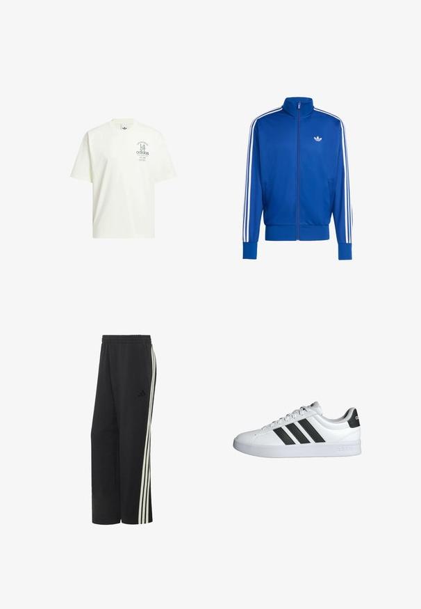 Blaues Mesh-Trainingsjacke mit weißen Drei-Streifen-Akzenten an den Ärmeln, hohem Kragen, durchgehendem Reißverschluss und kleinem weißen Logo auf der Brust.; Weißes Baumwoll-T-Shirt mit Rundhalsausschnitt, kurzen Ärmeln und einem grafischen Druck mit "Adidas" und "Los Angeles" in Grün.; Schwarze Adidas Trainingshose mit elastischem Bund und drei weißen Streifen entlang der Außenseite jedes Beins.; Weißer Sneaker mit niedrigem Schaft, schwarzen drei Streifen an der Seite, weißen Schnürsenkeln und weißer Sohle mit geprägtem Markenlogo.