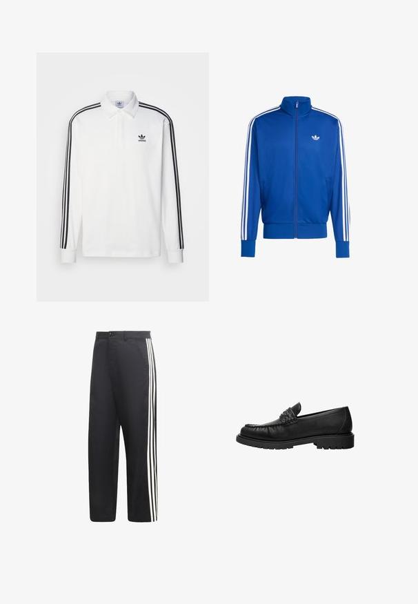 Blaues Mesh-Trainingsjacke mit weißen Drei-Streifen-Akzenten an den Ärmeln, hohem Kragen, durchgehendem Reißverschluss und kleinem weißen Logo auf der Brust.; Weißes Poloshirt mit langen Ärmeln, klassischem Kragen, schwarzen drei Streifen an den Ärmeln und kleinem schwarzem Logo auf der Brust.; Schwarze Hosen mit geradem Bein und drei weißen vertikalen Streifen an der Außenseite jedes Beins.; Schwarzer Lederloafer mit gestepptem Oberteil, mit Nieten besetztem Riemendetail und dicker Profilsohle, seitlich auf weißem Hintergrund gezeigt.