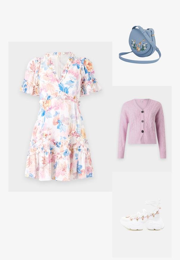 Roze cropped cardigan van een gestructureerde brei met kabelpatronen, voorzien van een V-hals, geribbelde zoom en drie donkere knopen aan de voorkant.; Bloemige jurk met een witte basis, voorzien van roze, blauwe en gele bloemen. Rimpelaccenten bij de mouwen en zoom, v-hals, en een getailleerde taille.; Stevige witte sneaker met veters aan de voorkant, versierd met kleine roze rozenapplicaties langs de zijkant en enkelbandjes.; Lichtblauw crossbodytasje met verstelbare band, geborduurde konijnen, vlinders en witte madeliefjes op de klep.