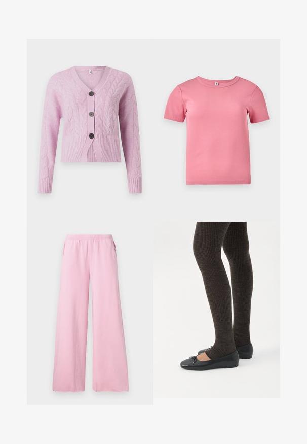 Gilet court rose en tricot texturé avec des motifs en cable, doté d'un décolleté en V, d'un ourlet en côtes et de trois boutons foncés à l'avant.; T-shirt à manches courtes en rose côtes, fabriqué en tissu doux, avec un col rond et une coupe légèrement ajustée.; Pantalons large rose en tissu doux avec une taille élastique et des poches latérales. Présente une coupe droite et fluide.; Jambes portant des leggings côtelés foncés associés à des ballerines noires avec de petits détails en nœud sur fond blanc.