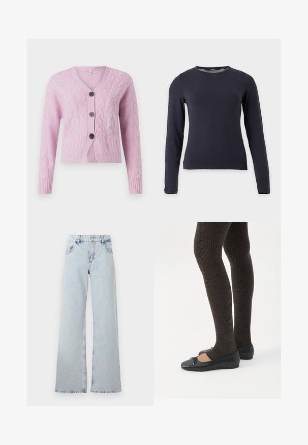 Roze cropped cardigan van een gestructureerde brei met kabelpatronen, voorzien van een V-hals, geribbelde zoom en drie donkere knopen aan de voorkant.; Effen donker marineblauw shirt met lange mouwen en ronde hals met aangesloten pasvorm op een witte achtergrond.; Lichtblauwe wijde jeans van denim, met een hoge taille, riemlussen, vijf zakken en vervaagde gebieden voor een vintage uitstraling.; Benen met donkere geribbelde leggings gecombineerd met zwarte ballerina's met kleine strikdetails op een witte achtergrond.