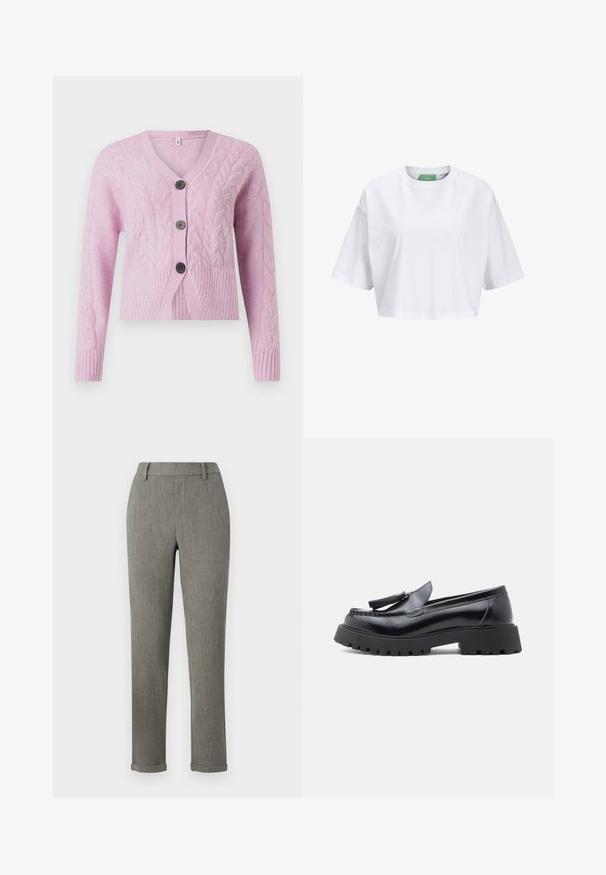 Cárdigan corto rosa hecho de punto texturizado con patrones de trenzado, que presenta un escote en V, dobladillo acanalado y tres botones oscuros en la parte delantera.; Camiseta blanca corta de algodón, con mangas cortas y cuello redondo. Etiqueta verde en el interior con el nombre de la marca visible.; Pantalones ajustados gris tailored con trabillas para cinturón y bajos remangados, adecuados para ropa formal o de oficina.; Mocasines de cuero negro con diseño cónico, adorno de borlas y suela gruesa de goma con patrón de tacos para mayor tracción.