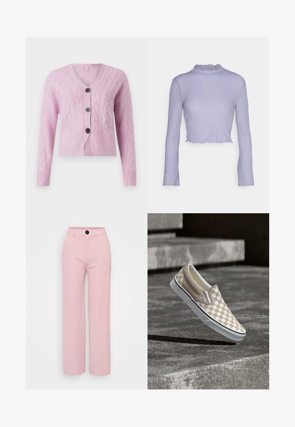 Roze cropped cardigan van een gestructureerde brei met kabelpatronen, voorzien van een V-hals, geribbelde zoom en drie donkere knopen aan de voorkant.; Even&Odd Petite Longsleeve - lilac; Lichtroze wijde broek met een gladde textuur, voorzien van een zwarte knoop en een klassiek ontwerp van de tailleband. Geen extra zakken zichtbaar.; Beige en witte slip-on Vans schoen met ruitenpatroon zwevend boven betonnen trappen met structuur buiten.