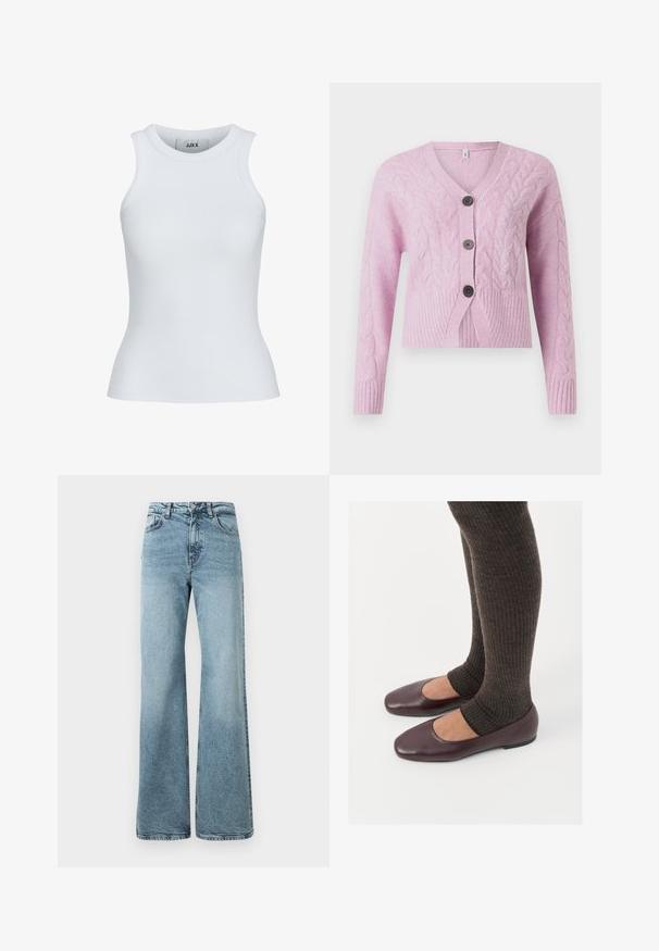 Roze cropped cardigan van een gestructureerde brei met kabelpatronen, voorzien van een V-hals, geribbelde zoom en drie donkere knopen aan de voorkant.; Witte geribde tanktop met een ronde halslijn en zonder mouwen. Heeft een slim fit en een zachte textuur, geschikt voor lagen.; Lichtblauwe wijde spijkerbroeken gemaakt van denim, met een hoge taille, vijf zakken en een knoopsluiting. Gladde textuur met een vervaagd uiterlijk.; Bordeaux lakleren ballerina's met een vierkante neus, gecombineerd met donkerbruine geribbelde sokken die tot halverwege de kuit reiken.