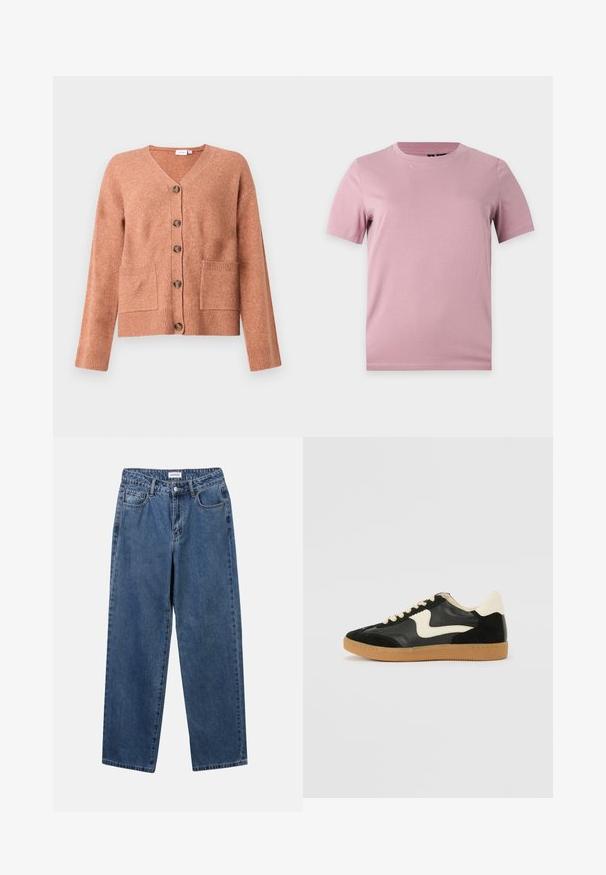 Hellbrauner Cardigan aus weichem Stoff, mit V-Ausschnitt, sechs vorderen Knöpfen, zwei aufgesetzten Taschen und gerippten Bündchen und Saum.; Schlichtes kurzärmeliges, weiches rosa Baumwoll-T-Shirt mit rundem Halsausschnitt, dargestellt auf einem flachen hellgrauen Hintergrund.; Klassische blaue Denim-Jeans mit geradem Bein, fünf Taschen und Knopfverschluss. Sie verfügen über eine mittelblau gewaschene Optik und sind aus robuster Textur.; Schwarze Wildleder- und Leder-Sneaker mit einem cremefarbenen Seiten-Swoosh und einer hellcremefarbenen Ferse. Ausgestattet mit beige Schnürsenkeln und einer Gummilaufsohle.