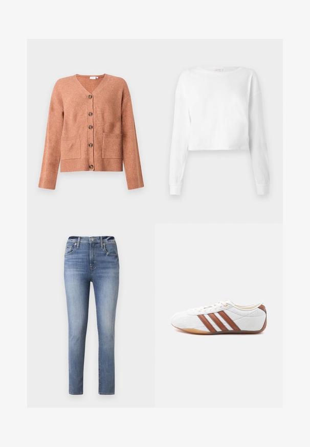 Lichtbruine cardigan van zacht materiaal, met een V-hals, zes knopen aan de voorkant, twee opgestikte zakken, en geribbelde manchetten en naden.; Effen witte lange mouwen cropped shirt met een ronde hals en strakke manchetten, tentoongesteld tegen een witte achtergrond.; Lichtblauwe hoge taille jeans met een slim fit, voorzien van vijf zakken en een rits, gemaakt van denim met een gladde textuur.; Witte lage sneaker met bruine leren strepen, veterluiting en een zool van gumrubber, gezien vanaf de binnenkant op een witte achtergrond.