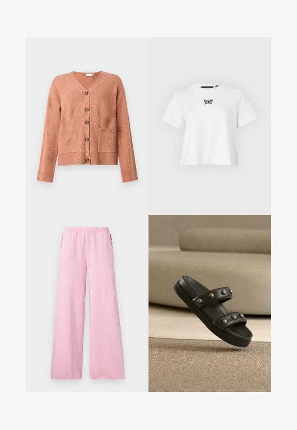 Cárdigan marrón claro confeccionado en un tejido suave, con cuello en V, seis botones en la parte delantera, dos bolsillos de parche y puños y dobladillo acanalados.; Camiseta blanca de manga corta y corte cropped con una pequeña mariposa negra y gris bordada en el centro del pecho.; Pantalones de pierna ancha rosa, hechos de una tela suave, con una cintura elástica y bolsillos laterales. Presenta un corte recto y fluido.; Sandalia negra tipo slide con dos tiras acolchadas, cada una adornada con seis tachuelas redondas plateadas, descansando sobre una alfombra beige con un sofá a juego al fondo.
