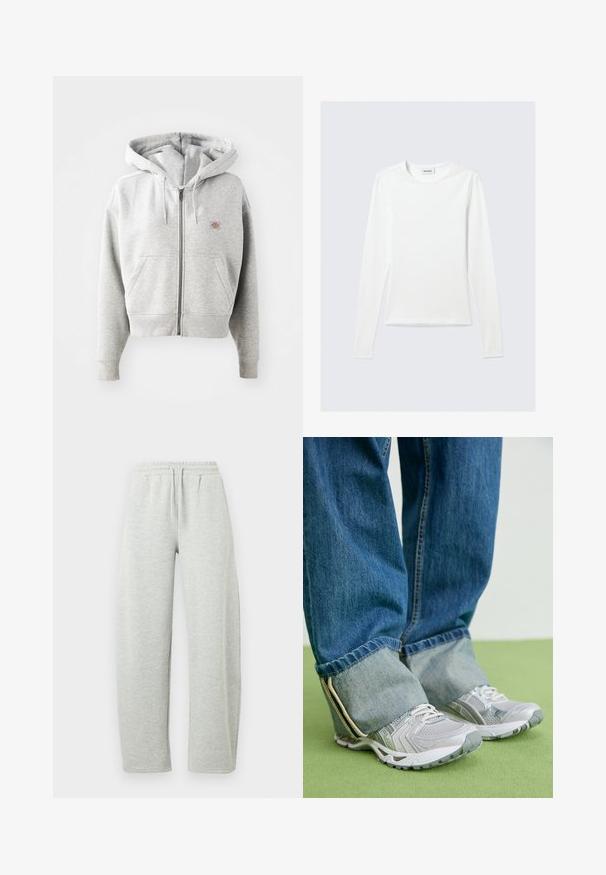 Grå lynlåshoodie med en frontlomme, justerbar snor i hætten, ribbede manchetter og et lille logo på brystet. Materialet er en bomuldsblanding.; Langærmet, enkel hvid T-shirt med rund halsudskæring og tætsiddende pasform, vist mod en lysegrå baggrund.; Lysegrå joggingbukser med elastisk linning og snørre. Stoffet har en blød tekstur og lige, løstsiddende ben.; Grå atletiske sko med mesh-materiale og hvide accenter, parret med blå denimjeans, der er opkrøllet ved anklerne.