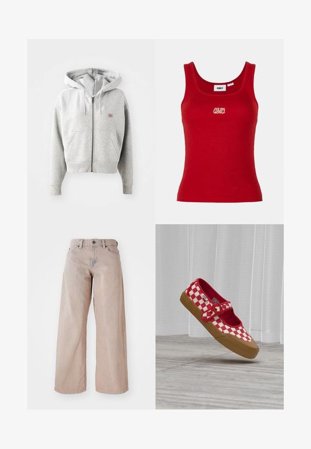 Hallide halli tõmblukuga kapuutsiga, millel on esikott, reguleeritav kapuuts, soonikkoes mansetid ja väike logo rinnal. Kangas on puuvilla segu.; Punane sooniline tank top ümarate kaeluste ja laialdaste nööpidega, millel on keskel valge tikandiga "OBEY" logo.; Bežid laiendid teksad kõrge taljega, viie tasku ja nööbiga sulgemisega. Kanga tekstuur on pehme ja esiosas on kergelt pleekinud.; Punase ja valge ruuduline slip-on-king pruunast kummist tallaga ja punase pandlaga rihmaga, hõljuv puidupõranda kohal valgete kardinatega taga.