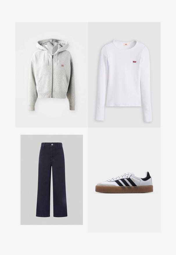 Grijze zip-up hoodie met een voorzak, verstelbare trekkoordkap, ribgebreide manchetten en een klein logo op de borst. Gemaakt van een katoenmix.; Wit Levi's shirt met lange mouwen, ronde hals en klein rood Levi's-logo op de linkerborst, afgebeeld op een effen achtergrond.; Lange marineblauwe broek van een soepele katoenmix, met een sluiting met knoop aan de voorkant en gestikte details langs de tailleband en zakken.; Witte leren sneakers met zwarte strepen, gumrubberen buitenzool, ronde neus, vetersluiting en een zachte grijze suède neuskap.