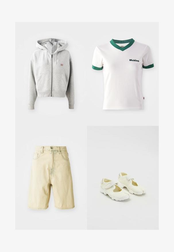 Grå lynlåshoodie med en frontlomme, justerbar snor i hætten, ribbede manchetter og et lille logo på brystet. Materialet er en bomuldsblanding.; Hvid kortærmet t-shirt med grøn V-hals og ærmekanter; har "Dickies" logo i mørkegrøn på venstre bryst. Glat bomuldsstruktur.; Lys gule denim shorts med høj talje, der har bæltestropper, frontknaplukning og sidelommer. Glat tekstur og lige snit.; Hvide net sko med et struktureret design, der har en velcro-rem og udskårne sider, tekstureret stof og en kraftig sål.