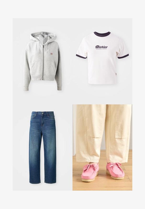 Šedá mikina na zips s predným vreckom, nastaviteľnou kapucňou so šnúrkou, rebrovanými manžetami a malým logom na hrudi. Materiál z bavlny a syntetických vlákien.; Biela tričko s tmavo námorníkov myšlenkou a rukávmi. Obsahuje veľký grafický textový logotyp v tmavo námorníckej farbe "Dickies WORKWEAR COMPANY."; Modré džíny z denimu, široký strih nohavíc, stredne vysoký pás, jemné vyblednutie, pätich vreciek, s gombíkom a zipsom na zapínanie, rovný lem.; Ružové semišové mokasínové topánky so šnúrkami, ktoré majú textúrovaný povrch a svetlo béžovú gumovú podrážku, skombinované s béžovými nohavicami.