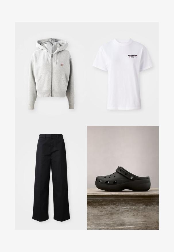 Sudadera con cremallera gris, con un bolsillo frontal, capucha ajustable con cordón, puños acanalados y un pequeño logotipo en el pecho. Material de mezcla de algodón.; Camiseta blanca de manga corta con cuello redondo, con un pequeño logo negro y morado de Carhartt WIP en el lado izquierdo del pecho.; Pantalones de pierna ancha negros, hechos de suave tejido de algodón. Presentan una cinturilla clásica, bolsillos laterales y un corte recto hasta el dobladillo.; Zueco de goma negro con agujeros de ventilación, tacón elevado, correa trasera y suela texturizada. Acabado liso con un diseño minimalista.