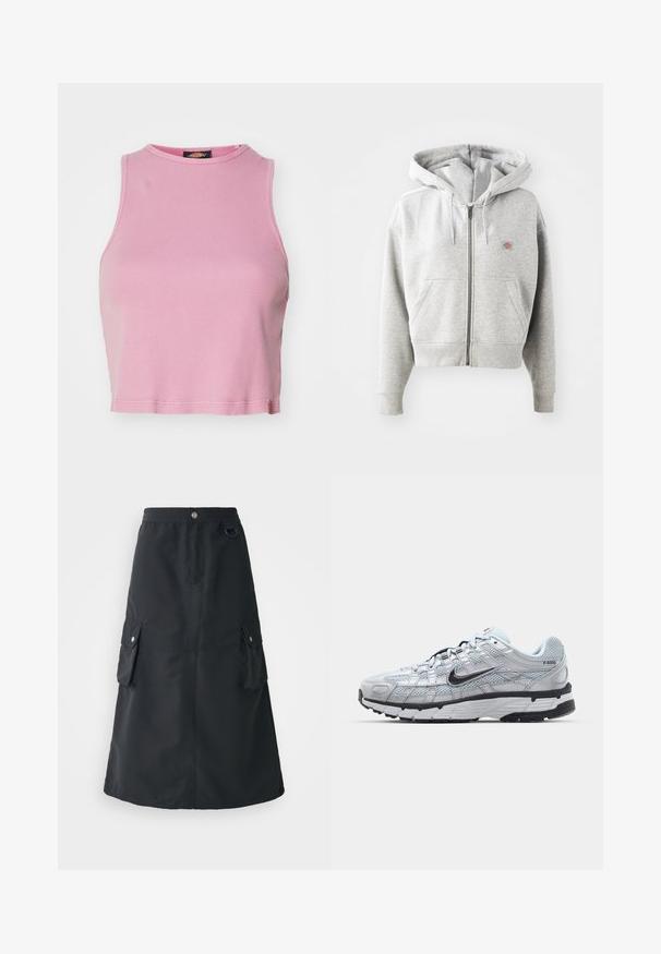 Grauer Reißverschluss-Hoodie mit einer Vorderasche, verstellbarem Kordelzug-Hauben, gerippten Bündchen und einem kleinen Logo auf der Brust. Material aus Baumwollmischung.; Rosa gerippter Cropped-Top mit rundem Halsausschnitt und ärmellosem Design. Besitzt einen Saum, der knapp über der Taille endet.; Schwarzer Mid-Calf-Rock aus leichtem Stoff, mit elastischem Bund, zwei Cargo-Taschen und einem dezenten Glanz.; Nike P-6000 Sneakers mit einem Obermaterial aus leichtem grauem Mesh, schwarzen Akzenten und einer langlebigen schwarzen Gummisohle. Verfügt über ein komplexes Design und ein Schnürsystem.