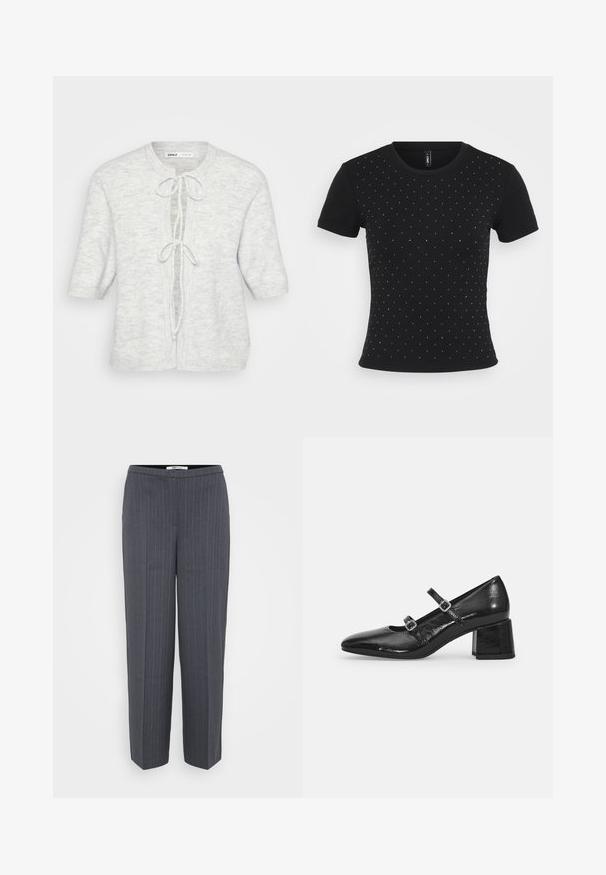 Lysegrå cardigan med korte ærmer, rund halsudskæring og bindebånd foran. Fremstillet af blødt, struktureret stof med et diskret mønster.; Sort kortærmet T-shirt lavet af ribbet stof med spredte rhinsten accenter på forsiden for ekstra detaljer.; Mørkegrå skræddersyede bukser med striber, lige ben og høj talje, præsenteret mod en ensfarvet lys baggrund.; Sorte patenterede læder Mary Jane-sko med spidse tæer, to justerbare stropper og en kraftig blokhæl. Glat tekstur og blank finish.
