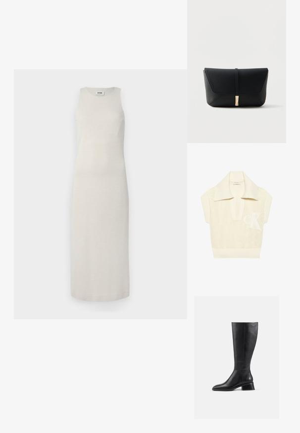 Pull sans manches en maille crème avec large col côtelé, profond décolleté en V et logo "CK" discret sur le devant.; Robe midi sans manches en beige clair, confectionnée dans un tissu texturé avec un léger éclat. Coupe droite, longueur genoux sans fermetures visibles.; Bottillon en cuir noir hauteur genou avec un bout arrondi et un petit talon carré. Présente une texture lisse et des détails de couture minimaux.; Pochette en cuir noir texturé avec un rabat avant sécurisé par une fine sangle et une boucle rectangulaire dorée.