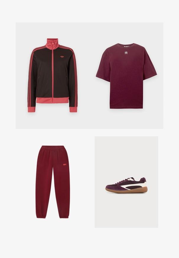 Schwarze Sportjacke mit hohem Kragen, rosa Akzenten, zwei Seitentaschen und drei rosa Streifen auf jedem Ärmel. Kleines Logo auf der Brust.; Burgunderrotes Baumwoll-T-Shirt mit rundem Ausschnitt und kurzen Ärmeln, mit einem weißen Adidas-Logo in der Mitte auf der Brust. Glatte Textur.; Burgunderfarbene Jogginghose mit elastischem Bund, Taschen an den Seiten und schmal zulaufenden Beinen. Auffälliges Logo in Pink auf der linken Seite aufgedruckt.; Low-Top-Sneaker mit burgunderrotem Velours- und Stoffobermaterial, weißen seitlichen Akzenten, Gummisohle und passenden burgunderfarbenen Schnürsenkeln auf neutralem Hintergrund.