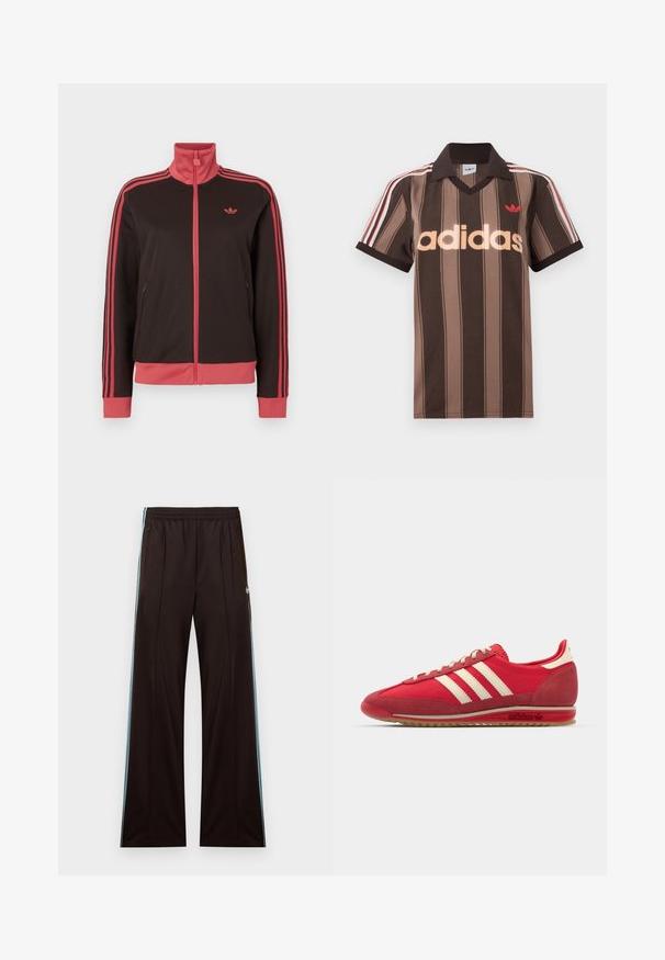 Must sportlik jope kõrge kraega, roosade aktsentidega, kahe küljetasku ja kolme roosa triibuga igal varrukal. Väike logo rinnal.; Pruunide triipudega Adidas polotee, V-kaelusega, bordeau krae ja punase logoga. Omad valge ja punase triibuga õlad ning lühikesed varrukad.; Mustad laiapõhjalised dressipüksid helesiniste küljeribadega, kummipaelaga vöökohal, tõmblukuga taskute ja Adidas logo vasakul puusal.; Punane sportlikki king, millel on tekstuuriga ülemine osa, kolm valget triipu, ümmargune varvas ja kummist tallaga, millel on logo detailid küljel.