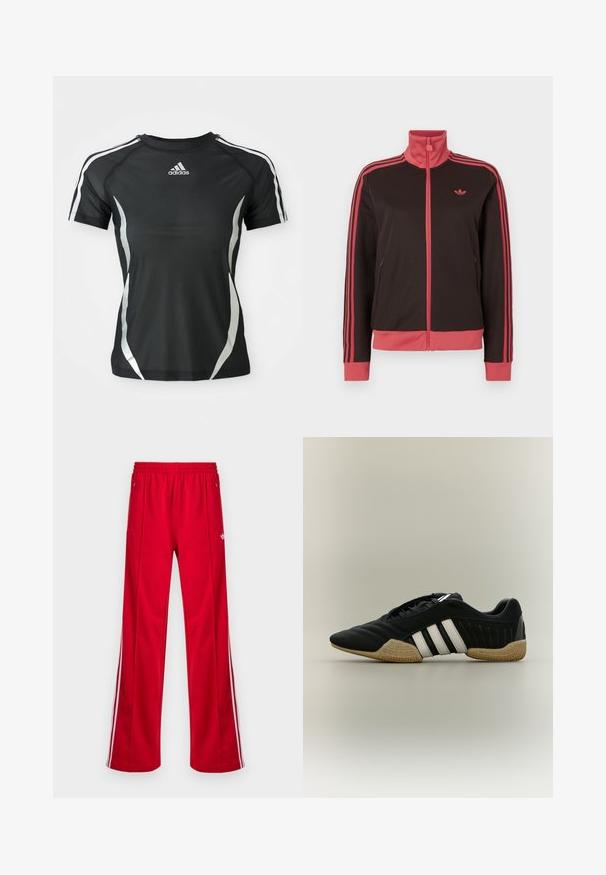 Sort atletisk jakke med høj krave, pink accenter, to sidelommer og tre pink striber på hver ærme. Lille logo på brystet.; Sort Adidas atletisk T-shirt med korte ærmer, hvide striber på skuldrene og sølvfarvede buede detaljer på siderne.; Røde athletic bukser med løs pasform, elastisk talje, to sidelommer og hvide sidestriber. Fremstillet af glat, syntetisk materiale.; Sort atletiksko med hvide striber og beige tekstureret sål på en neutral baggrund, vist i sideprofil.