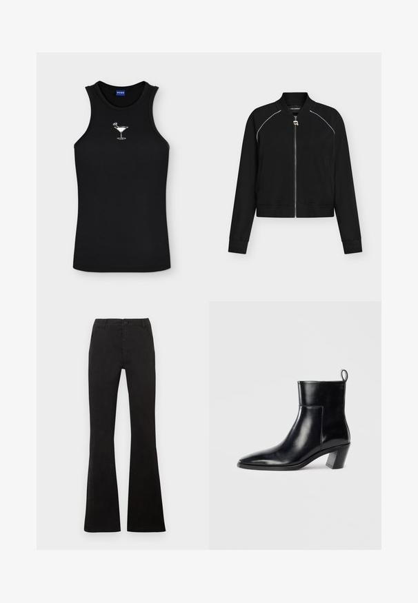 Veste bomber noire zippée avec un passepoil blanc aux épaules, col et poignets côtelés, et une petite tirette de fermeture éclair argentée en forme de visage.; Débardeur noir sans manches avec un petit motif blanc de verre à cocktail centré sur la poitrine, et une étiquette Hugo bleue à l'intérieur de l'encolure.; Pantalon noir taille haute avec fermeture à bouton et fermeture éclair, poches avant et jambes évasées sur un fond uni.; Bottine en cuir noir avec un bout pointu, un talon empilé géométrique et une languette à l'arrière. Texture lisse et design épuré.