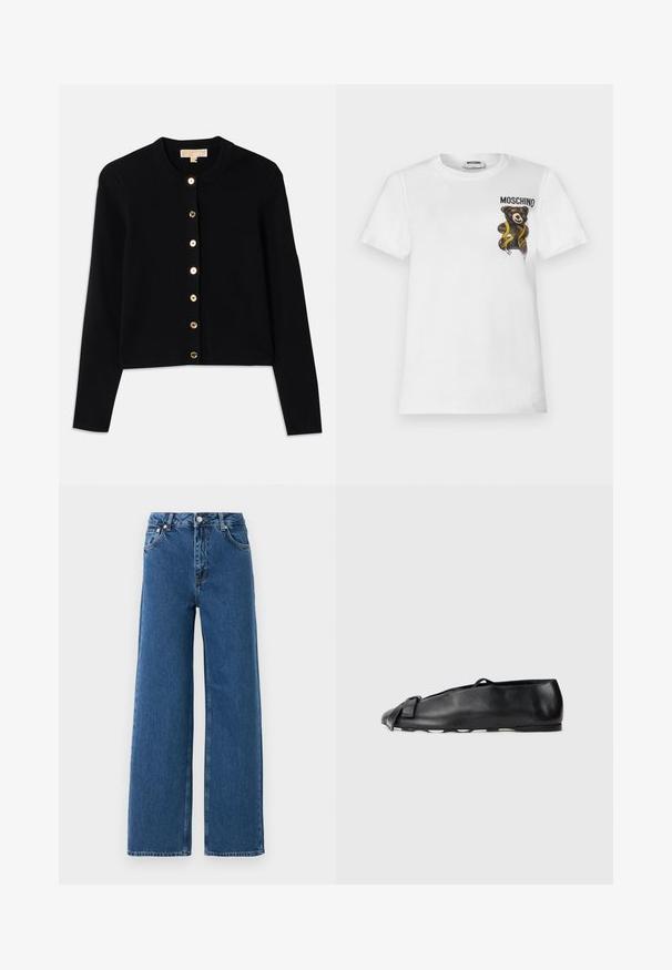 Sort cardigan lavet af blødt stof, med rund halsudskæring, lange ærmer og seks guldtonede knapper foran.; Hvid t-shirt med korte ærmer med en lille brun teddybjørn indpakket i et gult målebånd og tekst "MOSCHINO" på øverste venstre bryst.; Blå høj talje brede bukser med frontknap og lynlås, forlommer og bæltestropper på en hvid baggrund.; Sorte lædersandaler med en rund tå, der har en dekorativ sløjfedetalje foran. Glat tekstur og enkelt design.