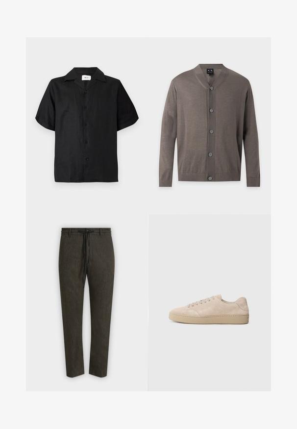 Cardigan marron à manches longues boutonné, avec poignets et ourlet côtelés, col en V et cinq boutons sur le devant.; Chemise noire à manches courtes avec col camp, cinq boutons noirs sur le devant et une étiquette à l'intérieur de l'encolure.; Pantalon droit vert olive foncé avec taille élastique et cordon noir, présenté à plat sur fond gris clair.; Baskets en daim beige avec un bout rond, des lacets plats et une semelle en caoutchouc texturé. Design minimaliste avec des bords lisses et des coutures discrètes.