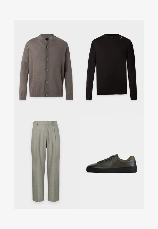 Cardigan marron à manches longues boutonné, avec poignets et ourlet côtelés, col en V et cinq boutons sur le devant.; T-shirt noir à manches longues avec col rond, coupe slim et petit détail de texte blanc près de l'épaule gauche.; Pantalons gris clair en tissu texturé. Ils présentent une coupe droite, des plis à l'avant et une taille plate.; Basket basse en cuir gris foncé avec lacets et semelle noirs, design minimaliste, profil latéral sur un fond clair uni.