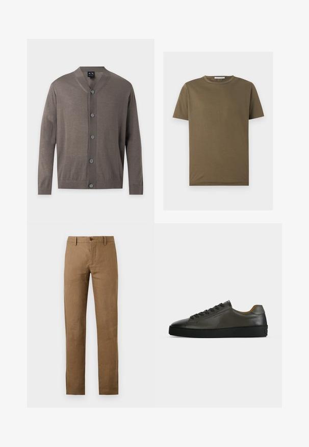 Cardigan marron à manches longues boutonné, avec poignets et ourlet côtelés, col en V et cinq boutons sur le devant.; T-shirt vert olive à manches courtes avec col rond, ourlet droit et petite étiquette à l'intérieur du col au dos.; Pantalon marron à jambes droites avec passants de ceinture et fermeture boutonnée et zippée à l'avant sur fond uni.; Basket basse en cuir gris foncé avec lacets et semelle noirs, design minimaliste, profil latéral sur un fond clair uni.