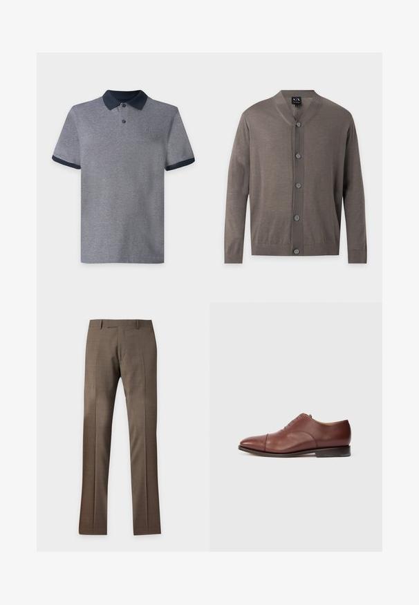 Cardigan marron à manches longues boutonné, avec poignets et ourlet côtelés, col en V et cinq boutons sur le devant.; Polo gris à manches courtes avec col et bords de manches bleu marine foncé, doté de deux boutons et d’un petit logo sur la poitrine sur un fond uni.; Pantalon habillé marron sur mesure avec passants pour ceinture et pli frontal, présenté sur un fond clair uni.; Chaussure de ville Oxford en cuir brun avec bout amovible, lacets fermés et petit talon empilé sur fond blanc.