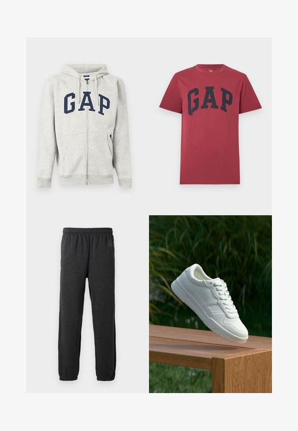 Lysegrå hættetrøje med lynlås, navyblå "GAP"-bogstaver hen over brystet og frontlommer med split.; Rød kortærmet t-shirt med rund hals og stor sort "GAP"-tekst centreret på brystet.; Grå sweatpants lavet af blødt stof, med elastisk talje og indsnævrede ben med elastiske manchetter. Subtilt logo detalje på det ene ben.; Hvide lædersneakers med en glat overflade, prydet med perforeret design, klassisk snørering og gummisål, placeret over en træoverflade.