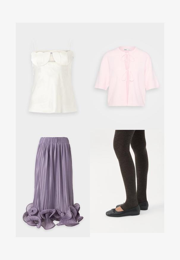 Kortærmet cardigan i blød lyserød strik med rund halsudskæring og to bindebånd foran. Har en afslappet pasform og åben front.; Hvid satin camisole med justerbare stropper, en struktureret, scalloped buste og en lige kant. Glat tekstur og minimalistisk design.; Lavendel plisseret mellemlang nederdel med bølget, krøllet kant og elastisk taljebånd på en ensfarvet baggrund.; Ben iført mørke ribbede leggings kombineret med sorte balletsko med små sløjfedetaljer på hvid baggrund.